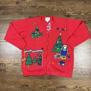 Quacker Factory Sweater Womens Large Red Christmas Tree Santa Cardigan Ugly